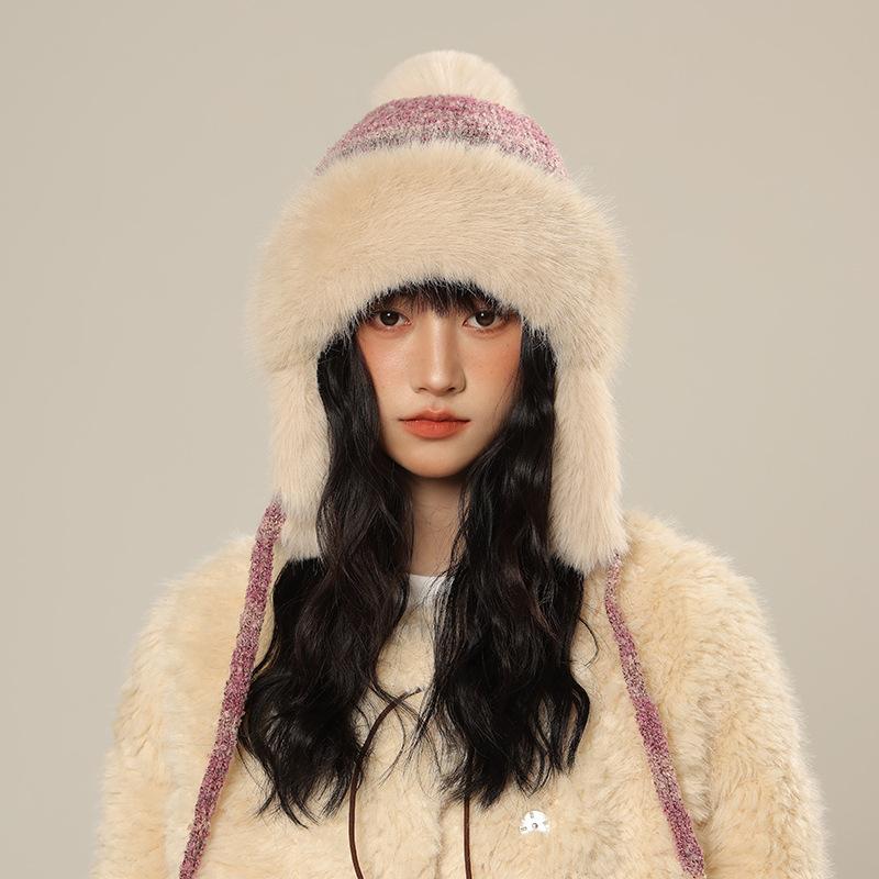New Bomber Hat Women Thickened Faux Fur Hat Winter, Keep Warm Ear Hat, Cold-Proof Ski Hat