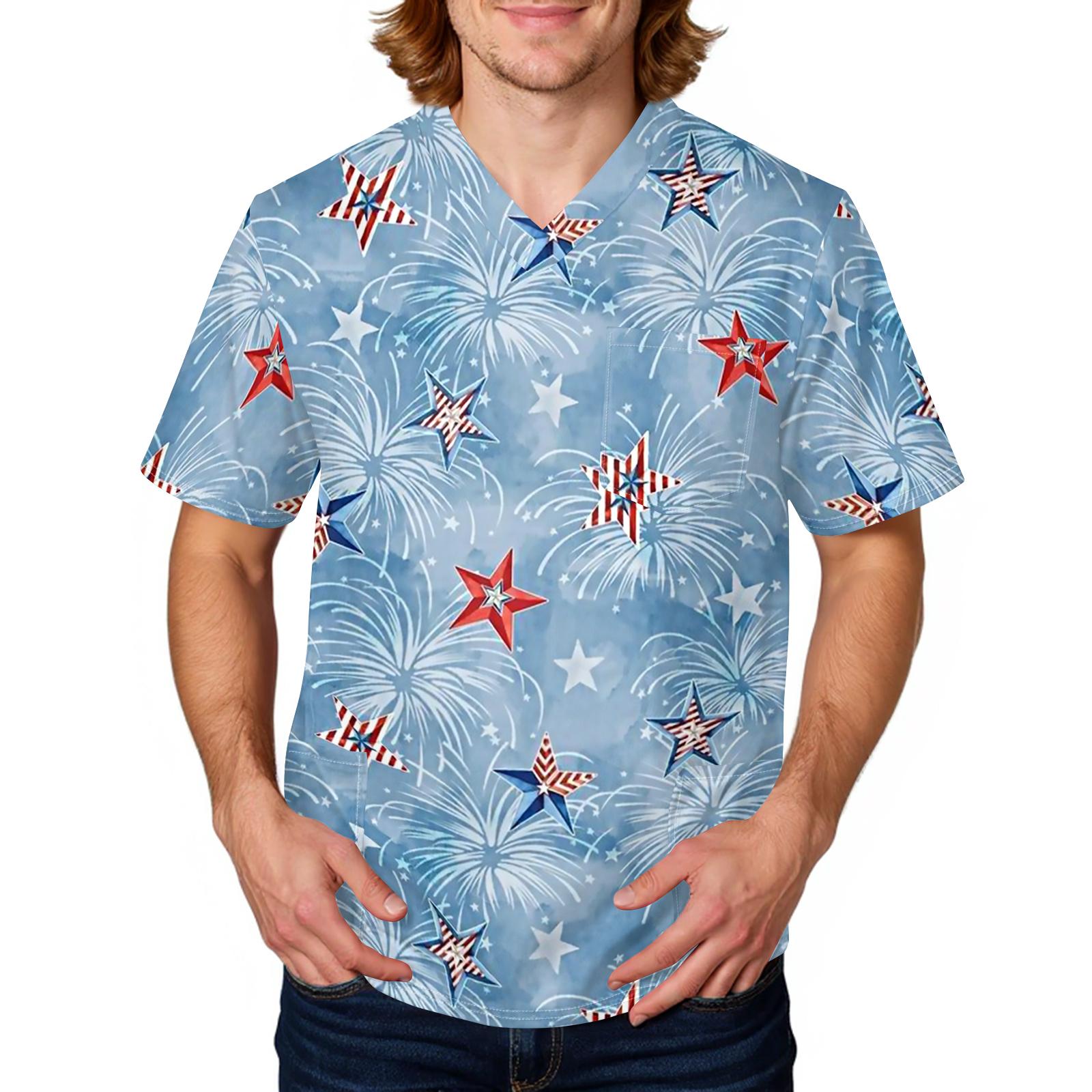 

Men s Short-sleeved Independence Day Printed V-neck Pocket Workwear Top XL небо синє кольору