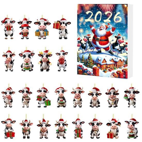 Collectible Christmas Figurines for Enthusiasts Cow Ornament Advent Calendar 2026, 24 Days 2D Acrylic Hanging Pendant Portable Decorations Home