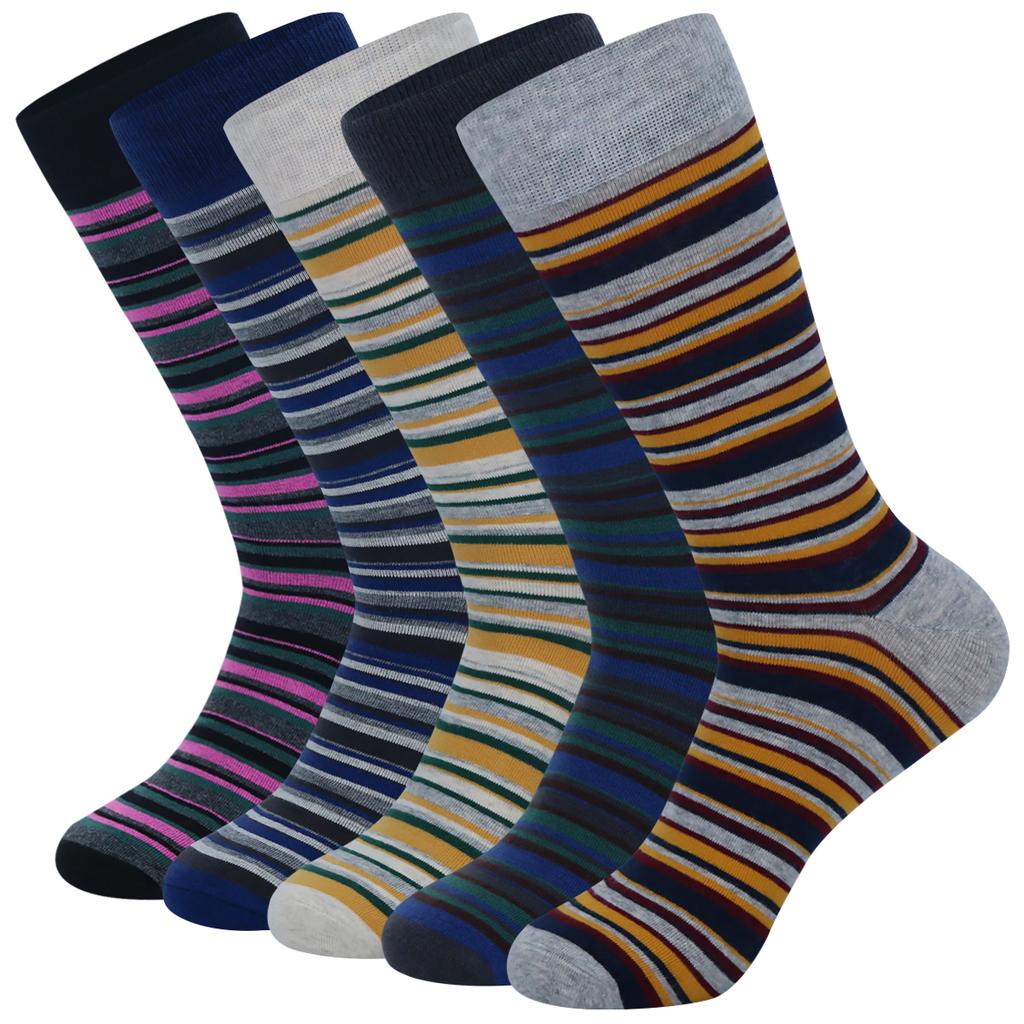 5 Pairs Mens Dress Socks Stripe Plus Size High Quality Combed Cotton Crew Socks Black Cool Breathable Casual Socks for Men