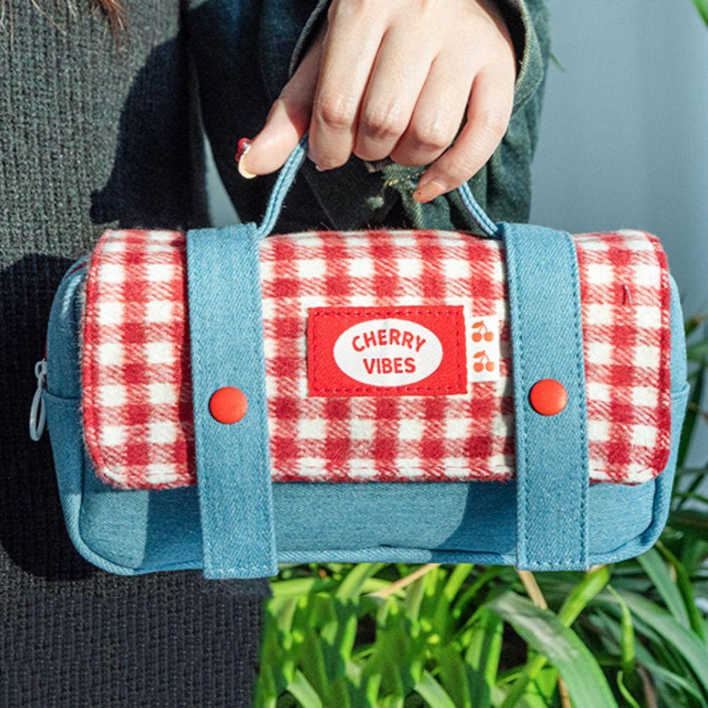 Sweet Grid Pencil Case Portable Pen Organizer Pouch Cute Stationery Organizer  Office Use