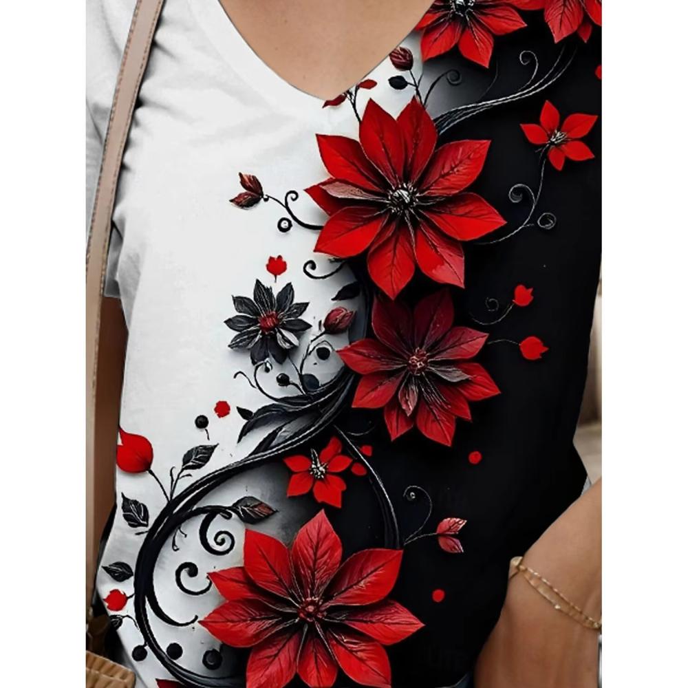 Women's Floral Graphic Vintage Stylish V Neck Short Sleeve Streetwear Tops Oversized Clothing Print Summer T-Shirts