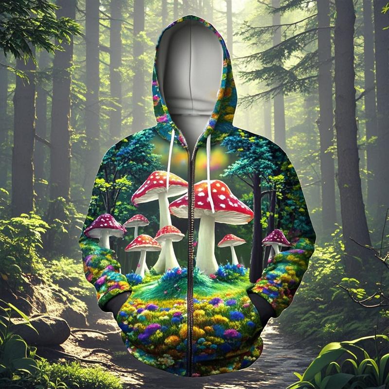 Sweat à capuche zippé impression 3D champignon Unisexe Mode décontractée Sweat à capuche Sweat-shirt de survêtement surdimensionné Vêtement