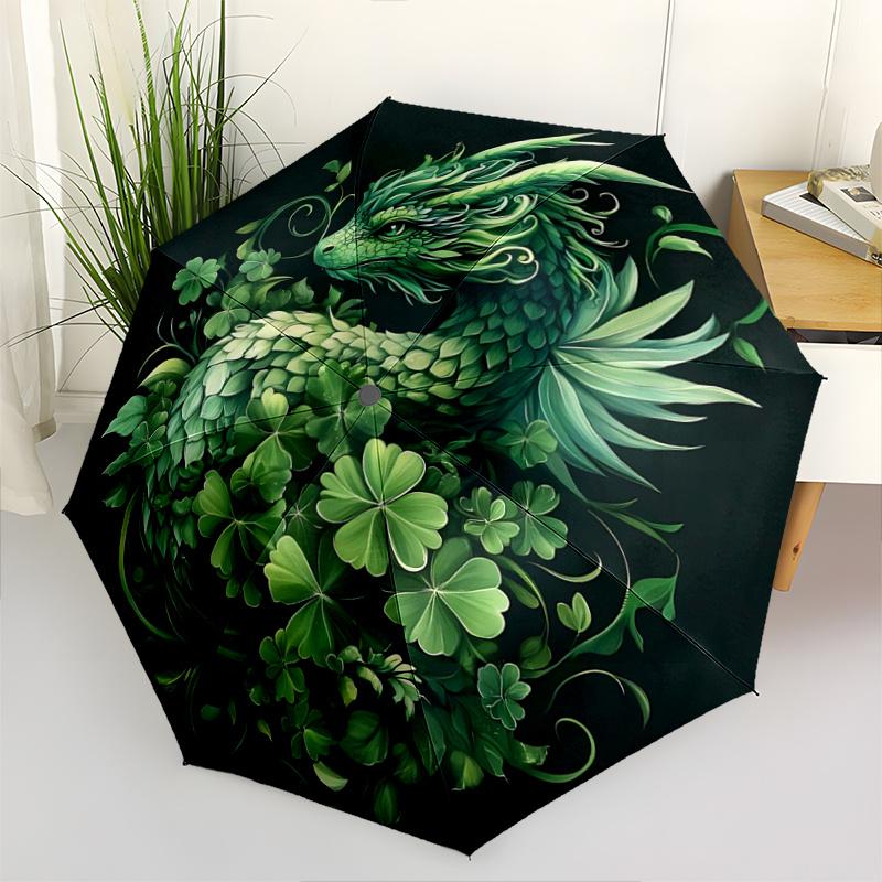 1pc Green Leaf Dragon Automatic Folding Umbrella - 3 Folding Design, Vivid Cartoon Pattern, Suitable for Outdoor Activities, A Gift for Fans In A