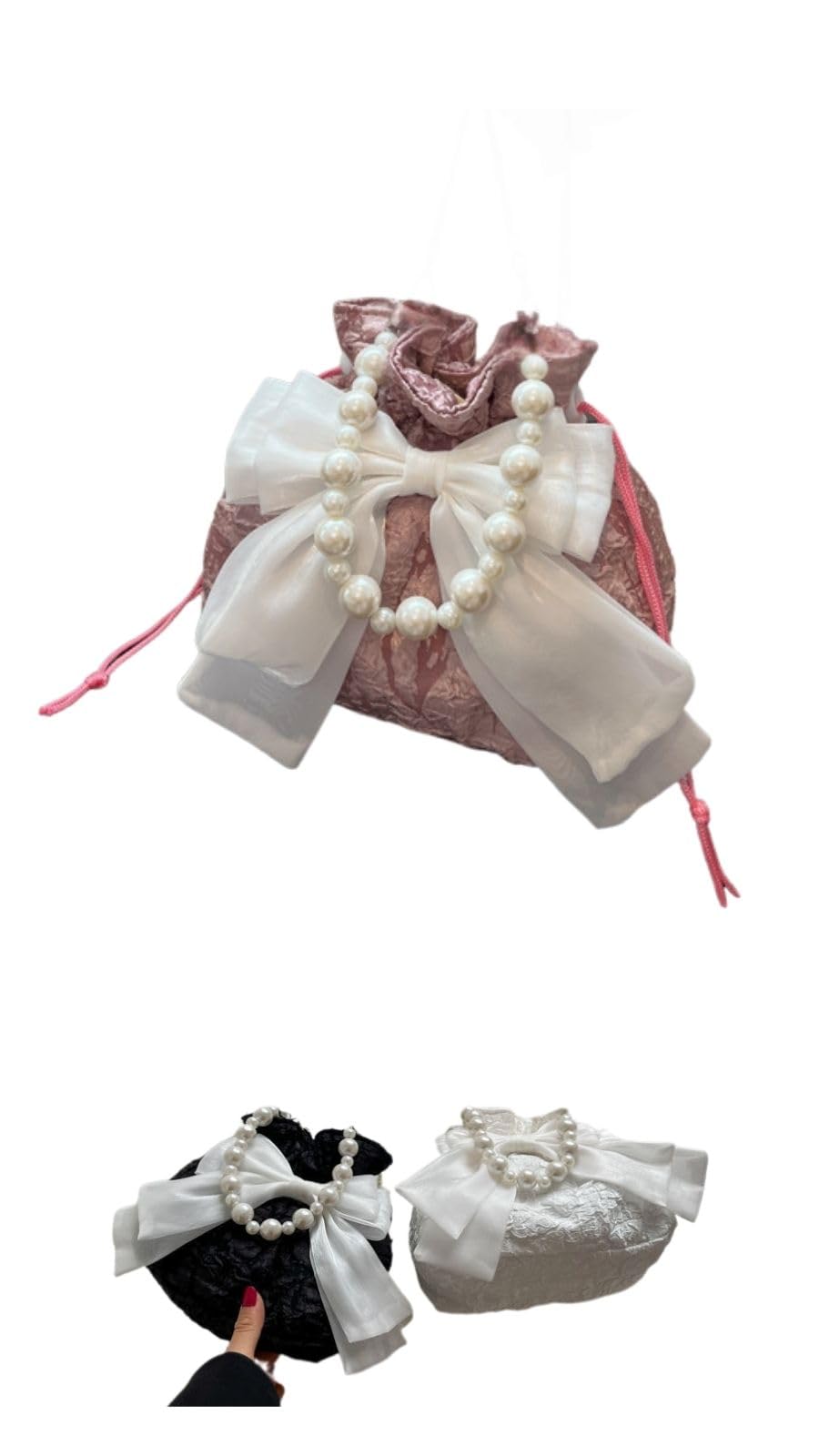 

[§Bg3] Yukata Drawstring Bag, Party, Pearl, Wedding, Ribbon Pouch, Small (Pink)