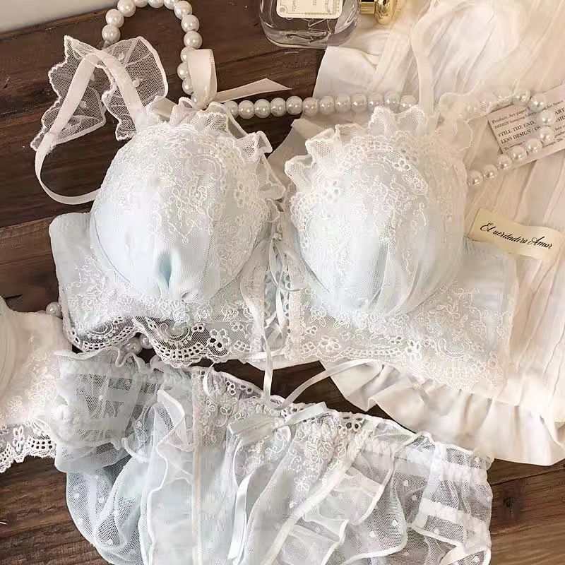 Japanese Sweet Girly Wireless Bra Set, Push Up Anti-Sag Corrective Small Bust Teen Girls Lingerie Set