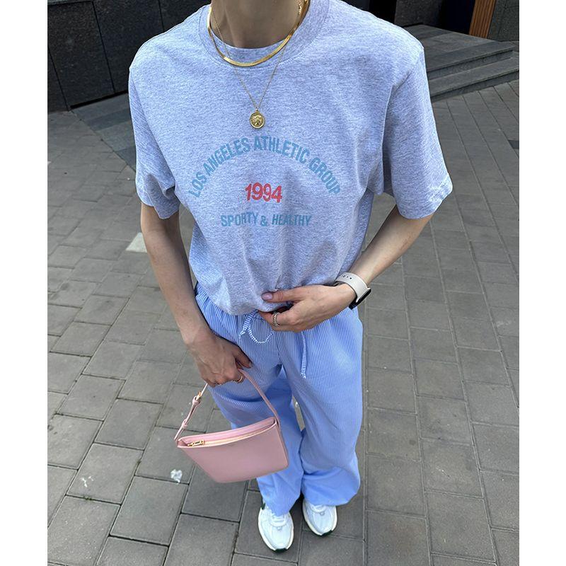 American Retro Sports Style Letter 1994 Print Small Icon Pure Cotton Shoulder Short Sleeve T-shirt for Women