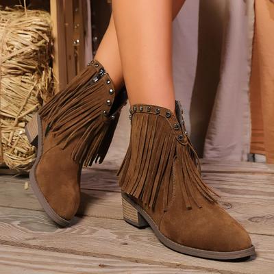 Herbstschuhe für Damen, klobige Absätze, Cowboystiefel für Damen, modische Quaste, spitze Zehenpartie, Westernstiefel, Damen, neue Reißverschluss-Botas