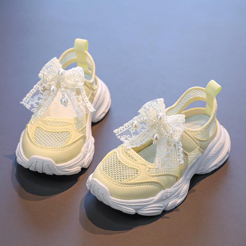 

Girls Sports Sandals Hollowed-out Mesh Breathable Kids Princess Sneakers Lace Bows Beading 2025 Summer New Children Running Shoe 26 жёлтый