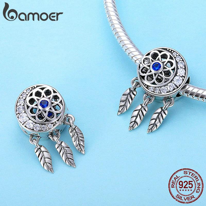 BAMOER 925 Sterling Silver Dream Catcher Openwork Heart with Long Tassel Pendant Beads Fit Women Bracelets Necklaces DIY Jewelry