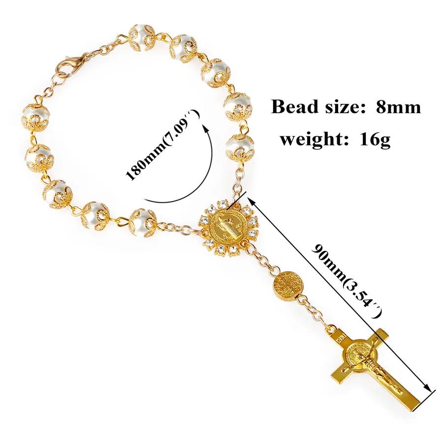 New Religious Rosary Bracelet For Women Fashion Cross Charm 8MM Glass Beaded Chain Bracelet Men Prayer Party Jewelry Gift