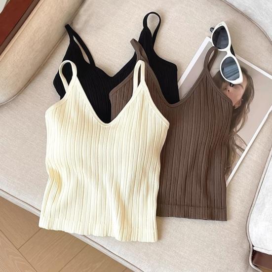 V Neck Tank Top for Women Double Lined Ribbed Sleeveless Basic Shirts with Built-in Bra Summer Padded Going Out Tops