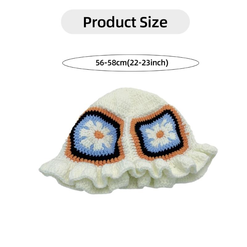 Hand Crochet Bucket Hat with Ruffled Edge Warm Fisherman Hat Ethnic Flower Hat Headwear for Women Winter Elegances