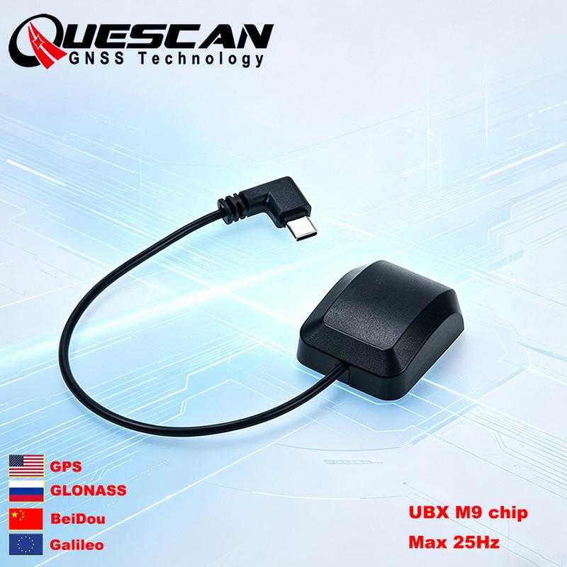 QUESCAN UBX M9 External USB Type-C GPS GNSS Antenna Receiver Android USB-C GPS Galileo GLONASS BeiDou QZSS Native USB NMEA RTCM