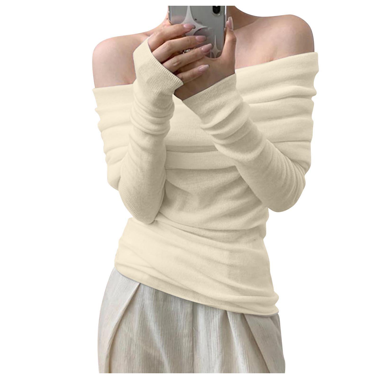 

Женский однотонный вязаный топ с открытыми плечами и открытыми плечами, французская линия, однотонный свитер One Size бежевый