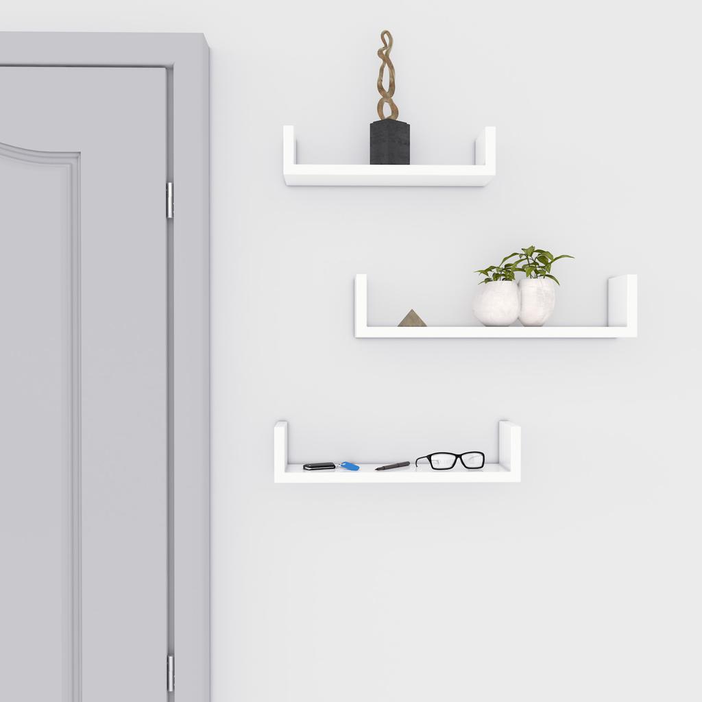 SONGMICS Set of 3 Modern Wall Shelves, Floating MDF Storage Shelving with High Gloss Finish, and Invisible Mounting, White