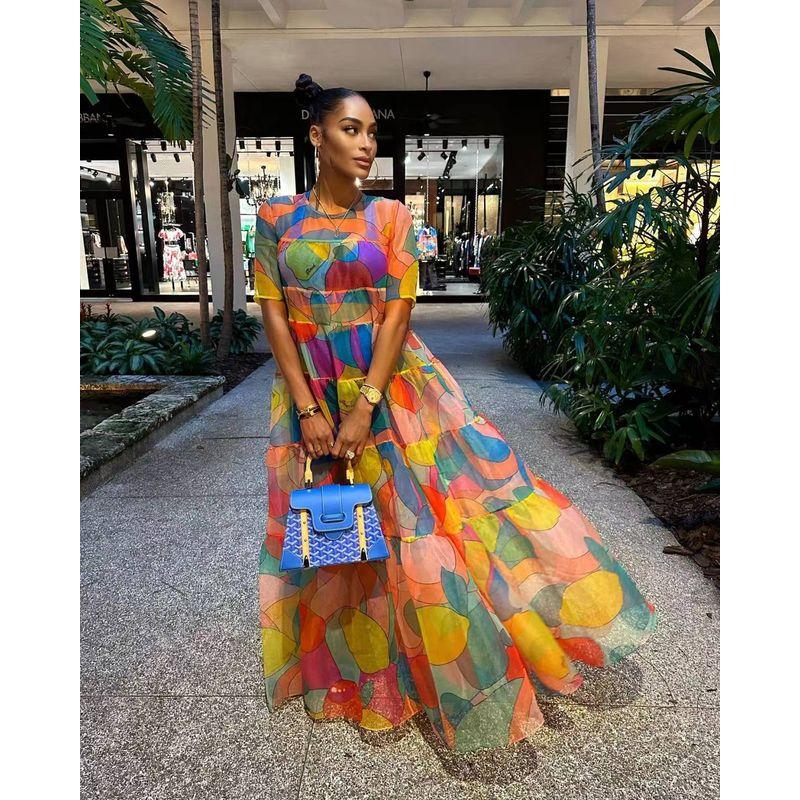 

31272 Cross-Border Supply Fashion Women s New Amazon Independent Station Elegant Hot Sale Mesh Floral Print Dress Picture color XL