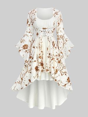 Rosegal Grande Taille Imprimé Fleurs Dentelle Ruchée Boucle Lacets Manches Évasées Robe Haute Basse