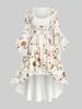 Rosegal Plus Size Flowers Print Lace Ruched Buckle Lace-up Flare Sleeves High Low Dress