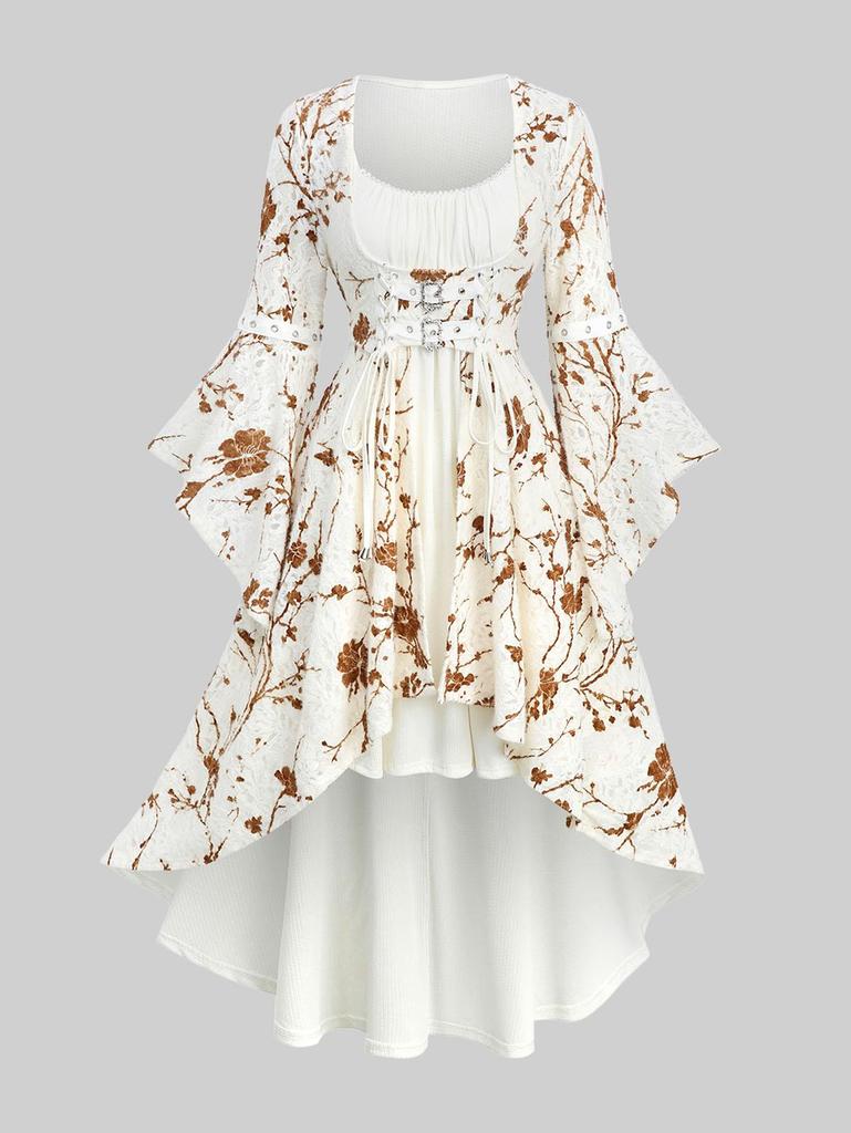 Rosegal Plus Size Flowers Print Lace Ruched Buckle Lace-up Flare Sleeves High Low Dress
