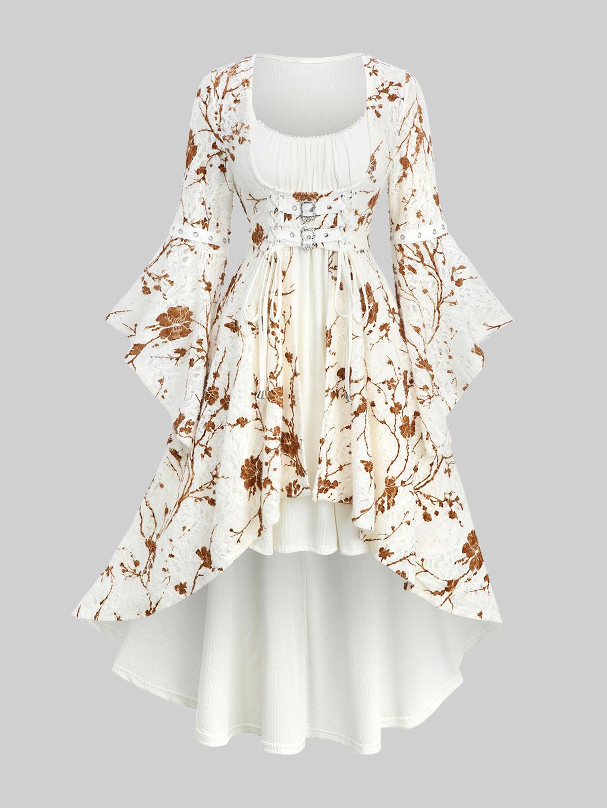 

Rosegal Большой размер Платье с цветочным принтом, кружевом, сборками, пряжкой, шнуровкой, рукавами-клеш, с высоким-низким подолом 5XL белый