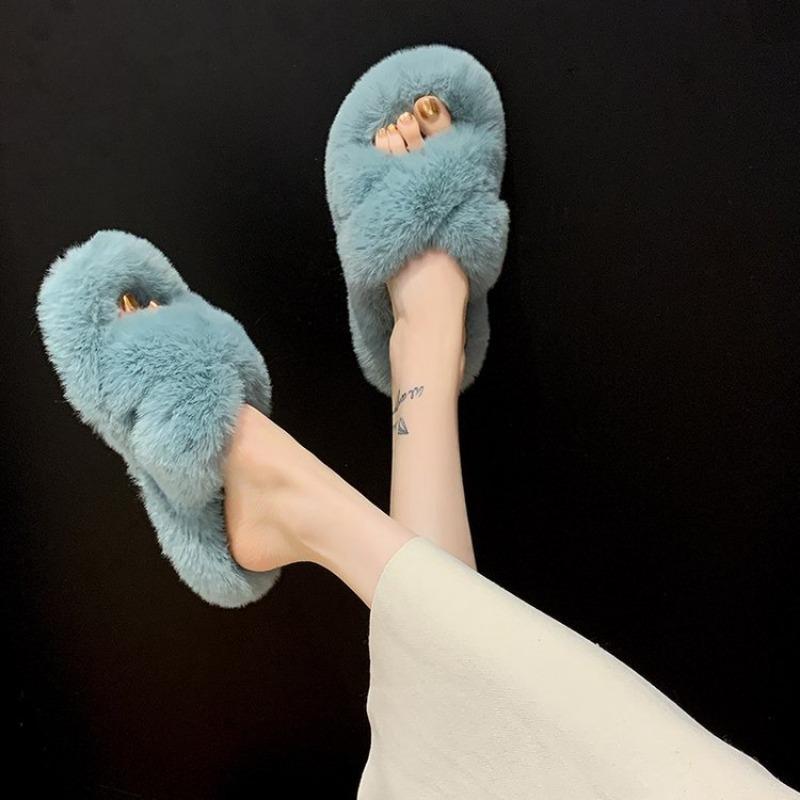 Women's Internet Celebrity Thick-soled Fur Slippers Women's Outerwear 2024 Autumn and Winter Cross Fur Slippers