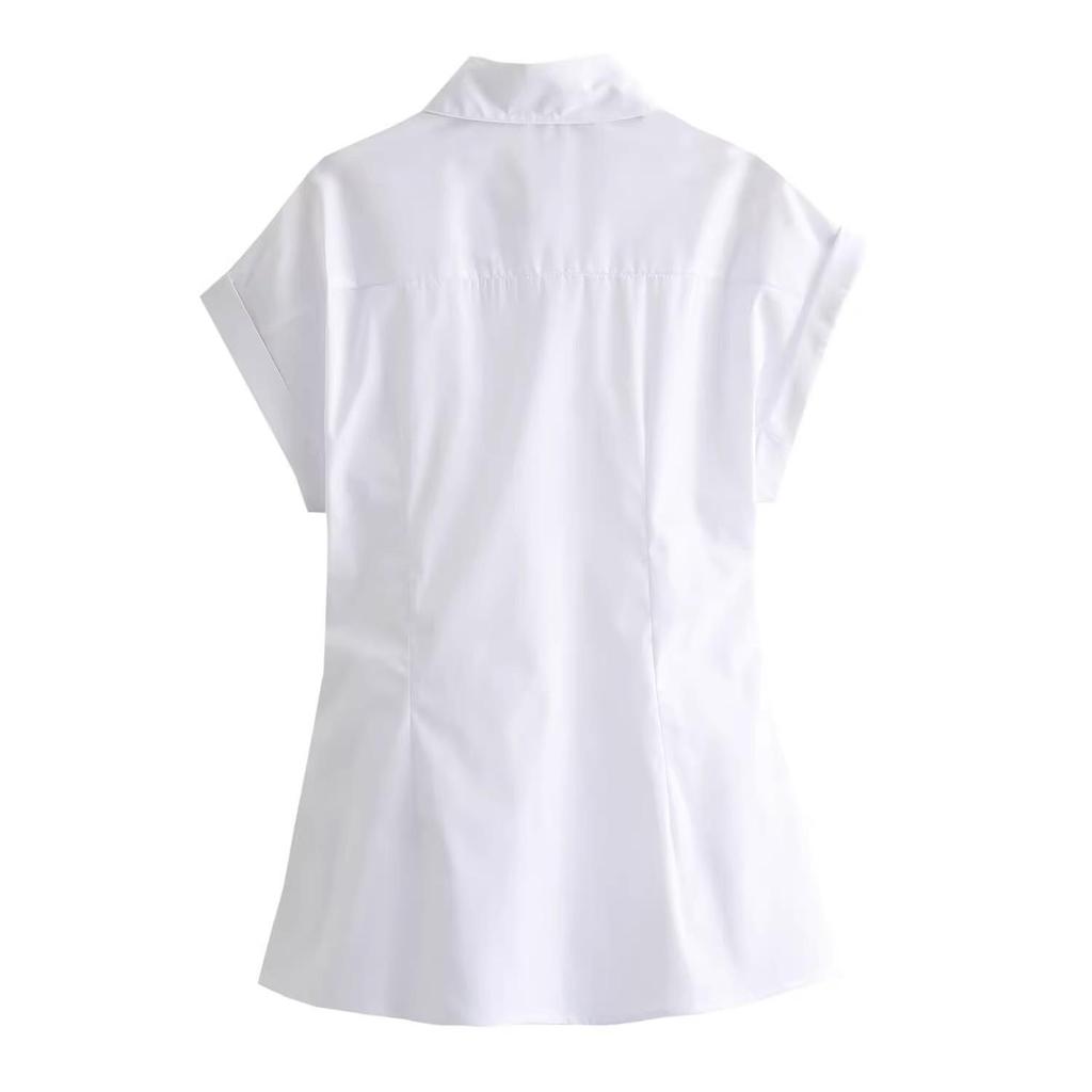 2025 Spring Women's European and American Fashion Bow Short Sleeve Poplin Shirt