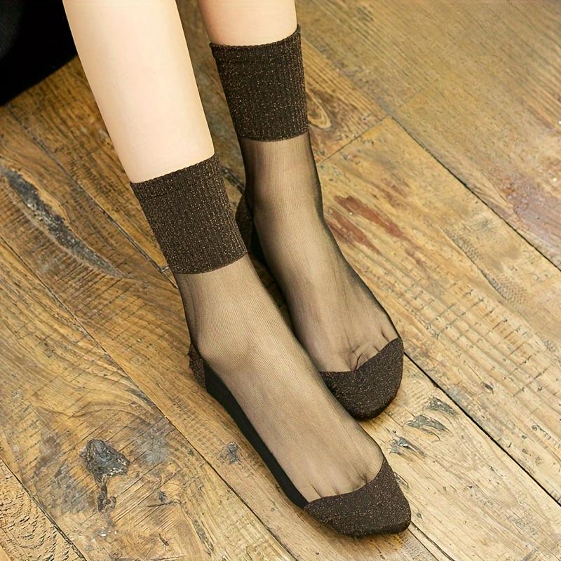 1 Pair Brown Shiny Detail Socks,Colorblock Sheer Mesh Mid Tube Socks, Women'S Stockings & Hosier