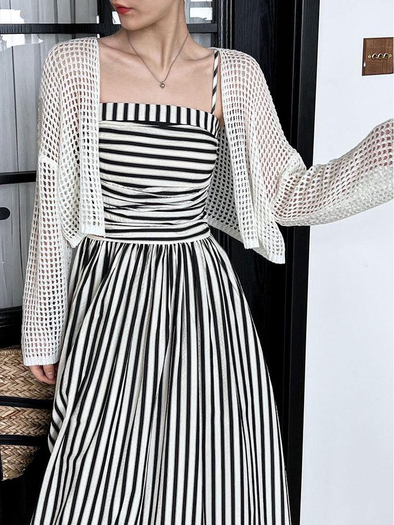 Luxi Off-Shoulder Striped A-Line Pleated Dress