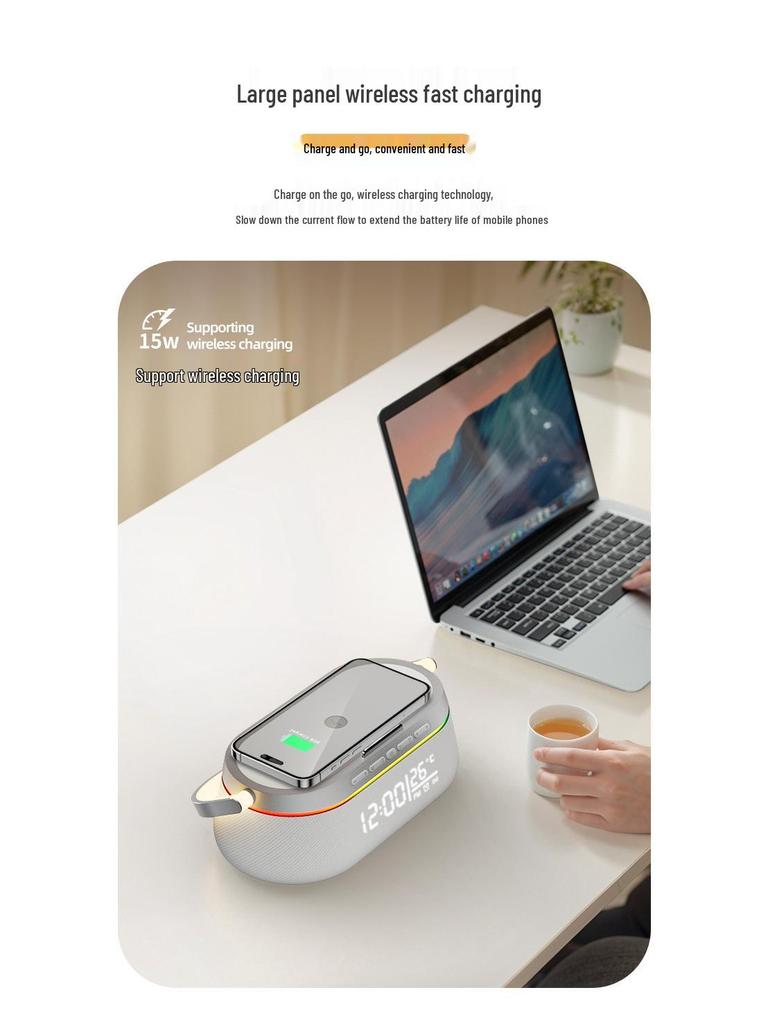 Multifunction Wireless Bluetooth Speaker with Charging, Desktop Clock, Alarm, Subwoofer, Night Light, and Stand
