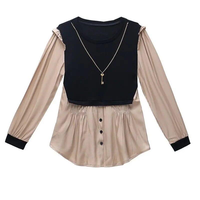 Dámská halenka falešná ze dvou kusů Jaro Podzim Nová móda Dlouhý rukáv Kulatý výstřih Spodní košile Temperamentní top