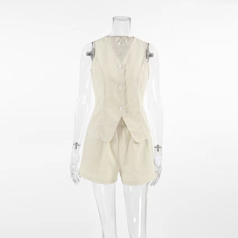 

Western Style Summer Fashion Casual Sleeveless Vest Shorts Two-piece Set Tank Top and Shorts Set Khaki L
