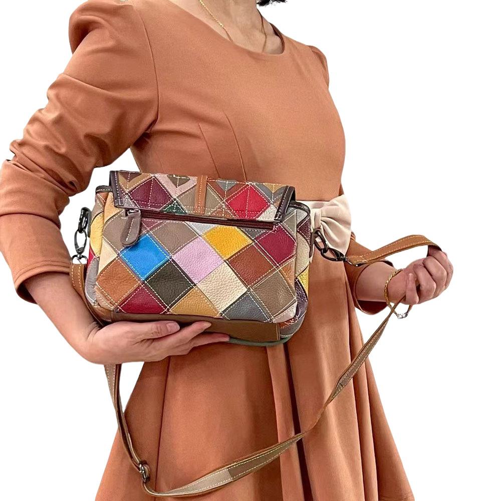 Fashion Women'S Bags Cowhide Women'S Bags Color Rhombus Splicing Leather Shoulder Messenger Bags Casual Versatile