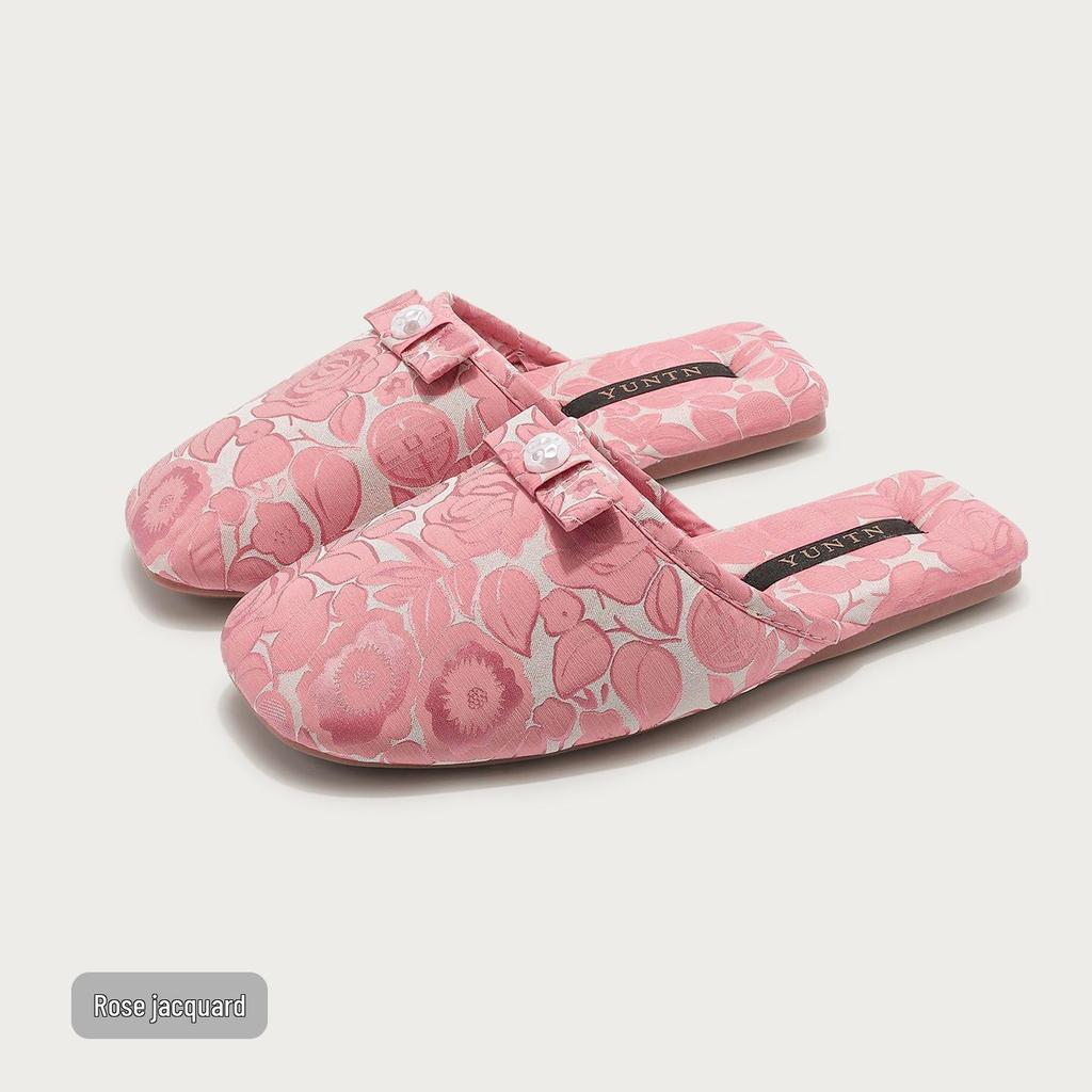 Elegant Rose Jacquard Ladies' Slippers - Anti-Slip, Lightweight, Home Comfort Shoes