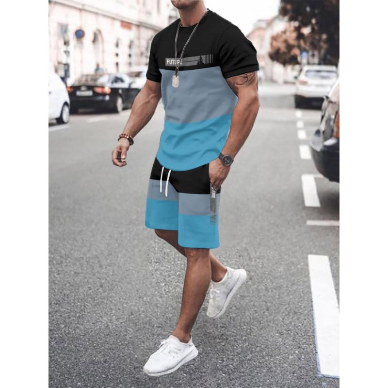 Men's trendy round neck short-sleeved shorts suit, 3D digital simple striped high-definition pattern, comfortable summer vacation clothing