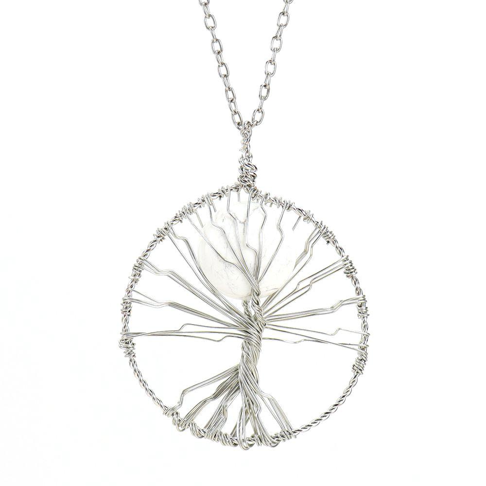 Hand-Wrapped Natural Crystal Agate Disc Tree Of Life Pendant Necklace N116