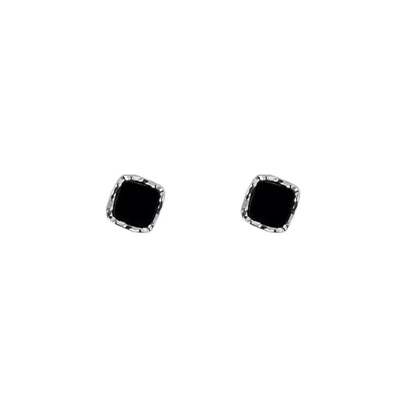 Compact and Casual Square Black Stud Earrings, Elegant and Sophisticated Silver Needle Earrings