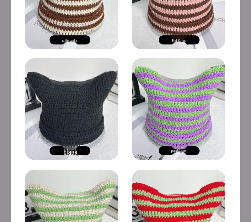 Autumn-Winter Striped Woolen Hat with Cute Cat Ears - Fashionable, Versatile Devil Design.