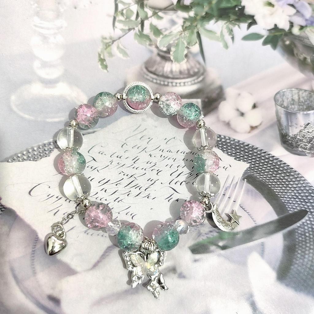 New Women's Mori Style Butterfly Glass Bracelet with Colorful Crackle Beads