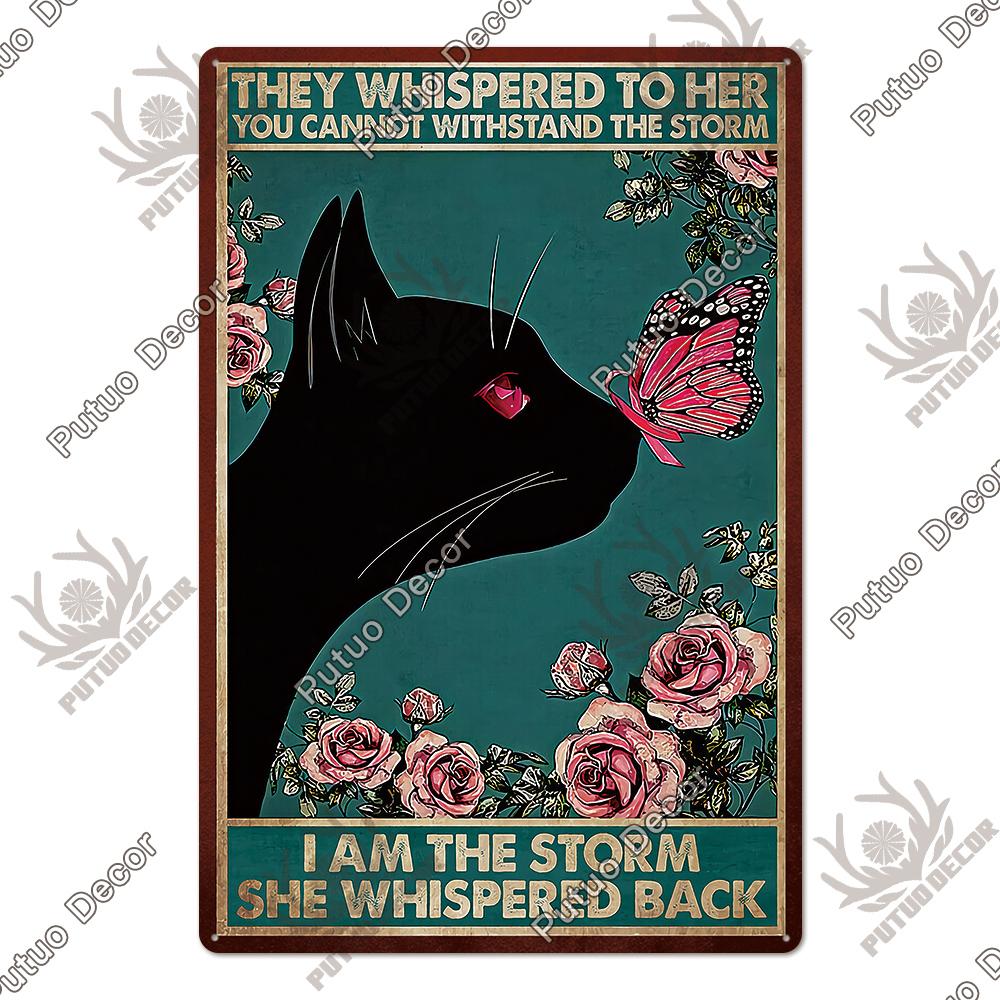 Putuo Decor Cute Black Cat Vintaget Plaque Metal Sign Vintage Tin Sign Poster Decoration for Living Room Barthroom Wall Decor
