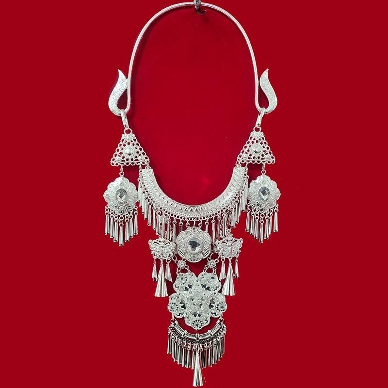 Miao Silver-Plated Gem Rhinestone Tassel Necklace for Hanfu Dance