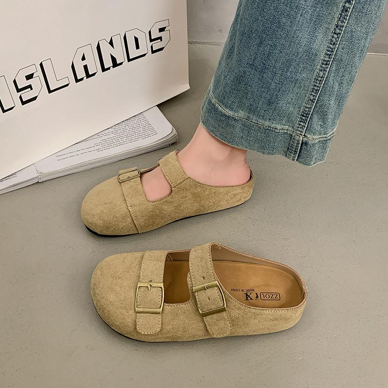 2025 весна новая круглая голова плоская подошва один ремешок низкий каблук мягкая кожа матовая толстая подошва ленивые полушлепанцы boken женская обувь