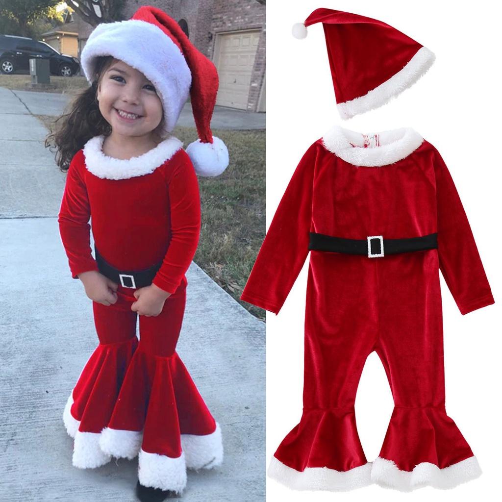 Festive Christmas Kids Girls Plush Flared Pants Suit With Santa Hat Tree Hat