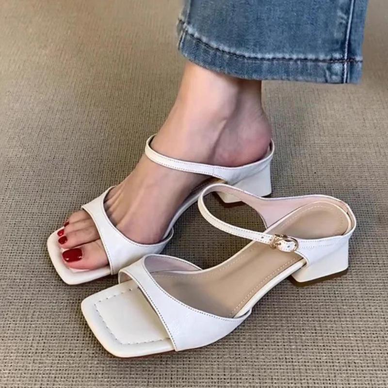 Fashion Elegant Women High Heels Slippers Square Toe Sandals Summer Woman Shoes 2025 New Chunky Shoes Slingback Slides Mujer Zapatillas