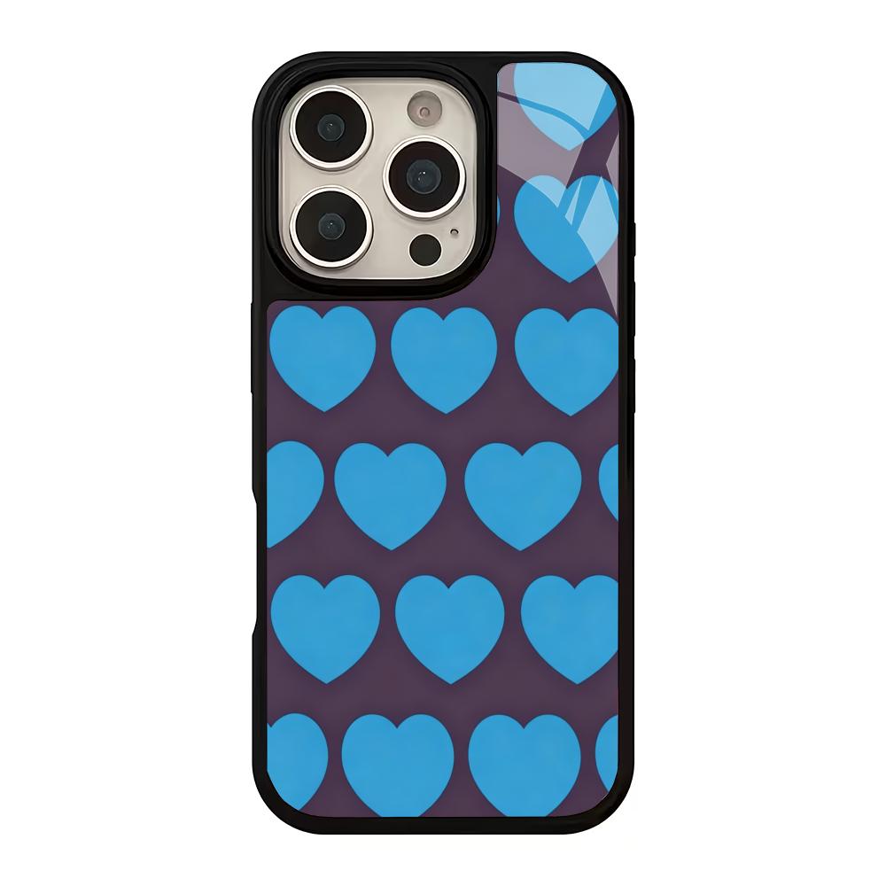 Blue heart-shaped design glass phone case suitable for iPhone17 16 15 14 13 12 11Pro/Max/Plus shockproof and anti drop backcover