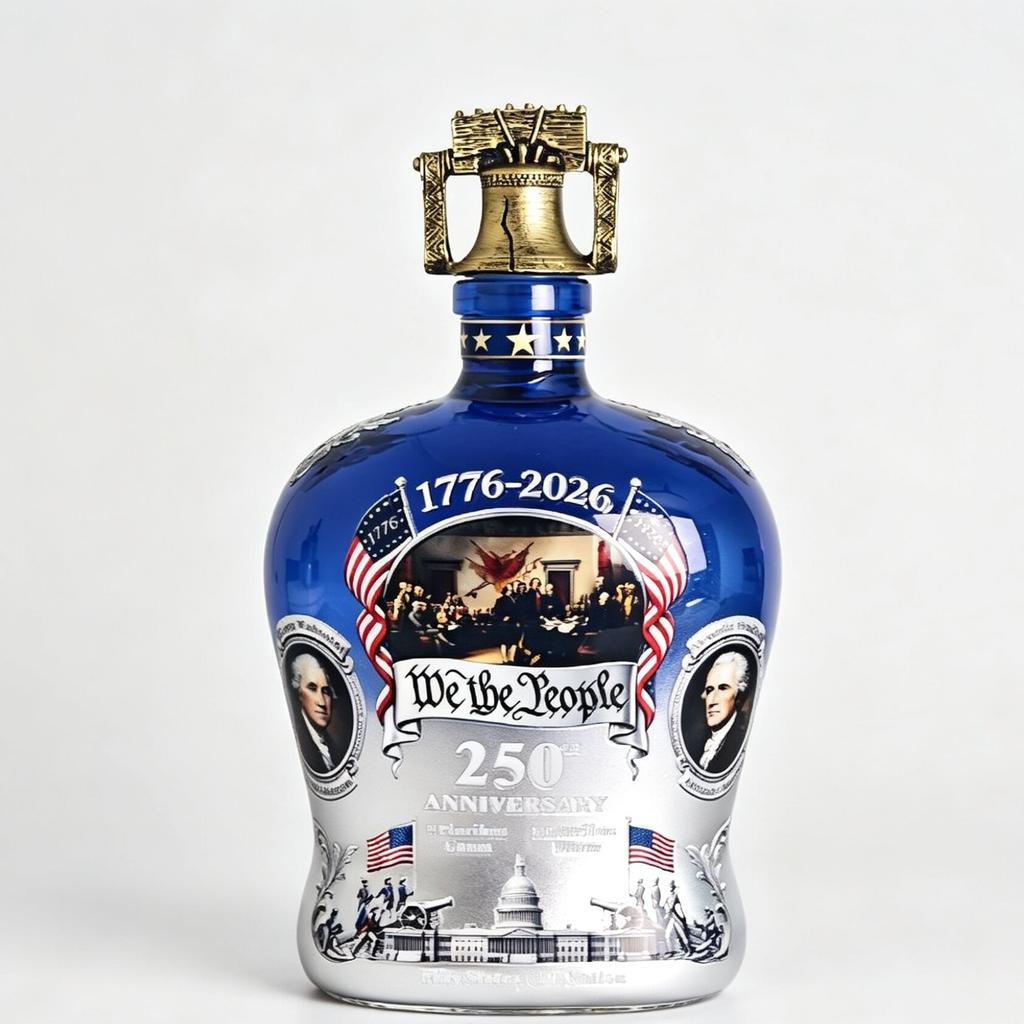250th Anniversary Whiskey Bottle Commemorative Glass Colored Square Bottle Decanter Barware Bell Cap Set with Cup