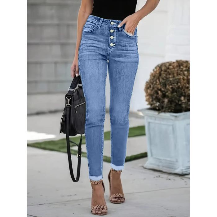Women's Plus Size Slim Fit Multi-button Elastic Washed Denim Jeans