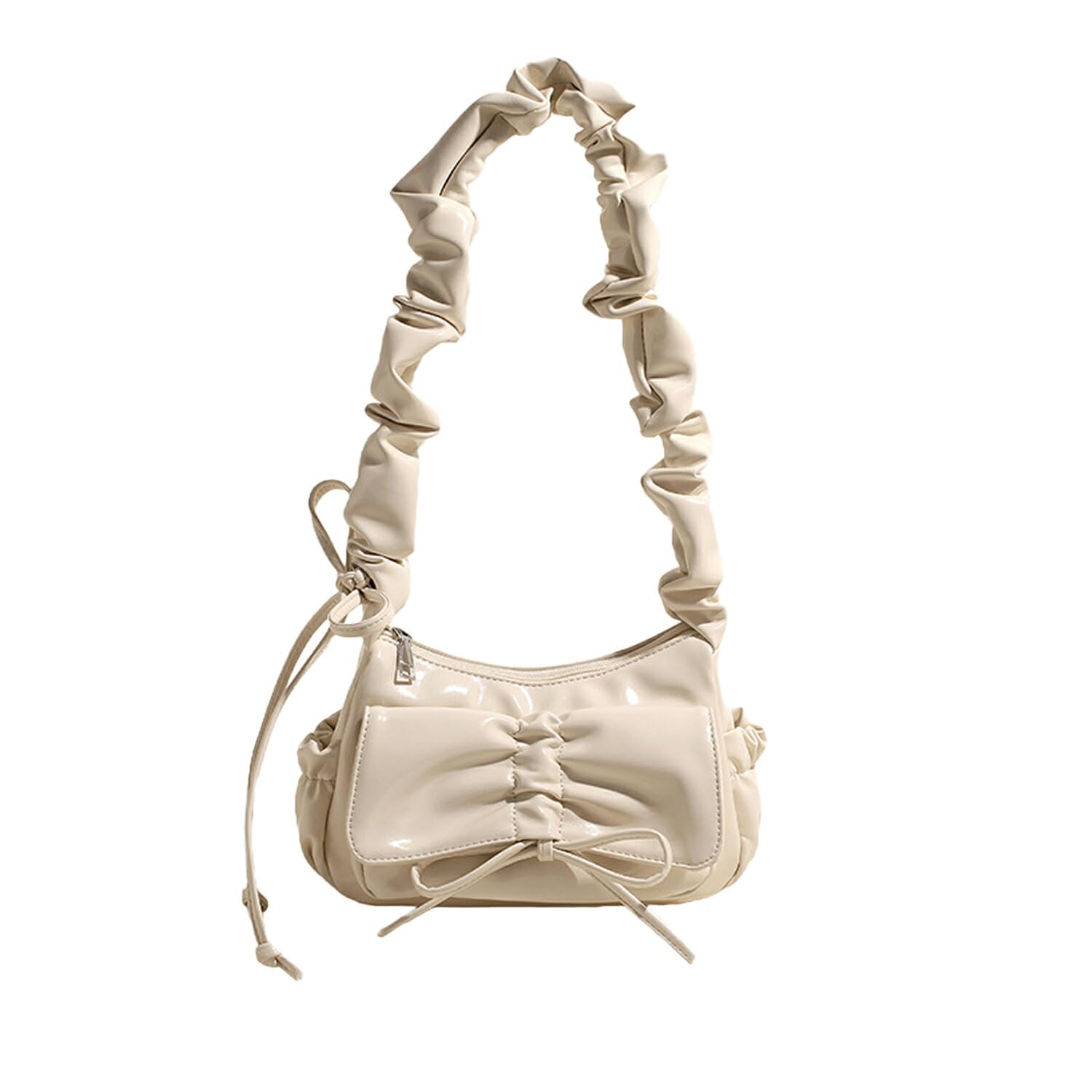 

GOLWIS Ribbon Gathered Shoulder Bag with Small Handles, PU Leather, and Scrunchy Design. 2-Way Mini Shoulder Bag, Crossbody, or Handheld. Korean