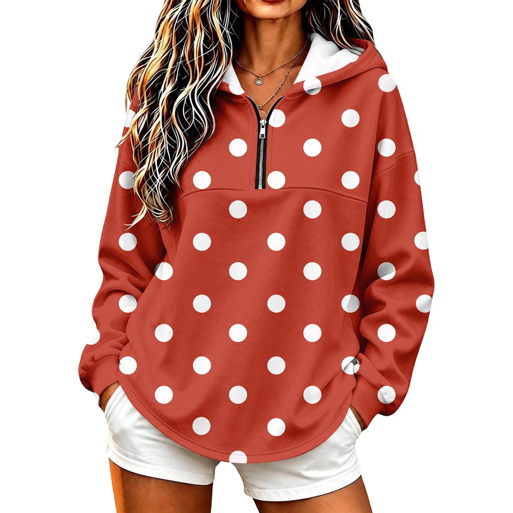 Leichter Kapuzenpullover für Damen mit Polka-Dot-Print, Pullover-Sweatshirt ohne Taschen für Freizeitkleidung