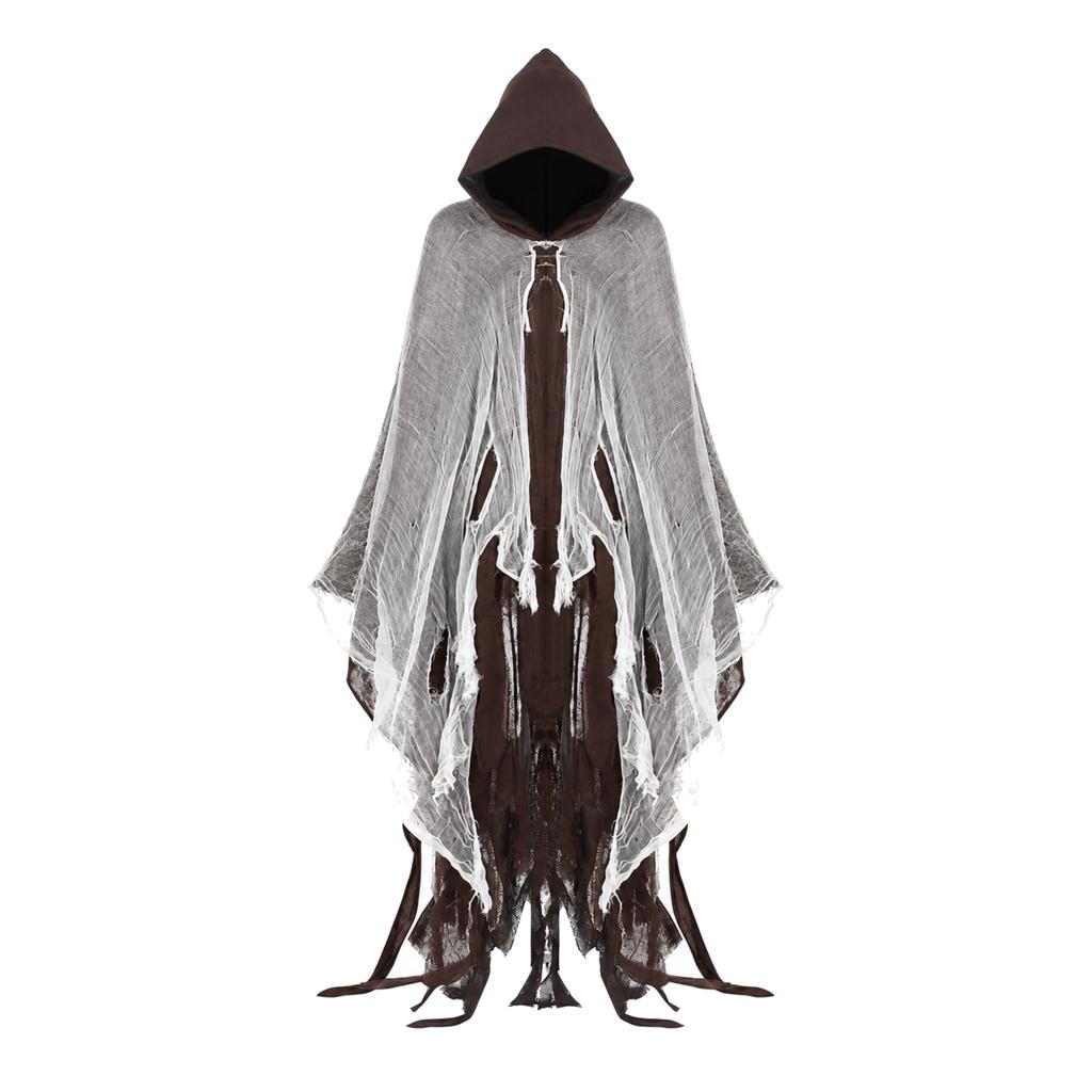 Halloween Hooded Cloak Cape Distressed Gauze Ragged Hem Ghost Grim Reaper Gothic Vampire Costume Robe for Men Women